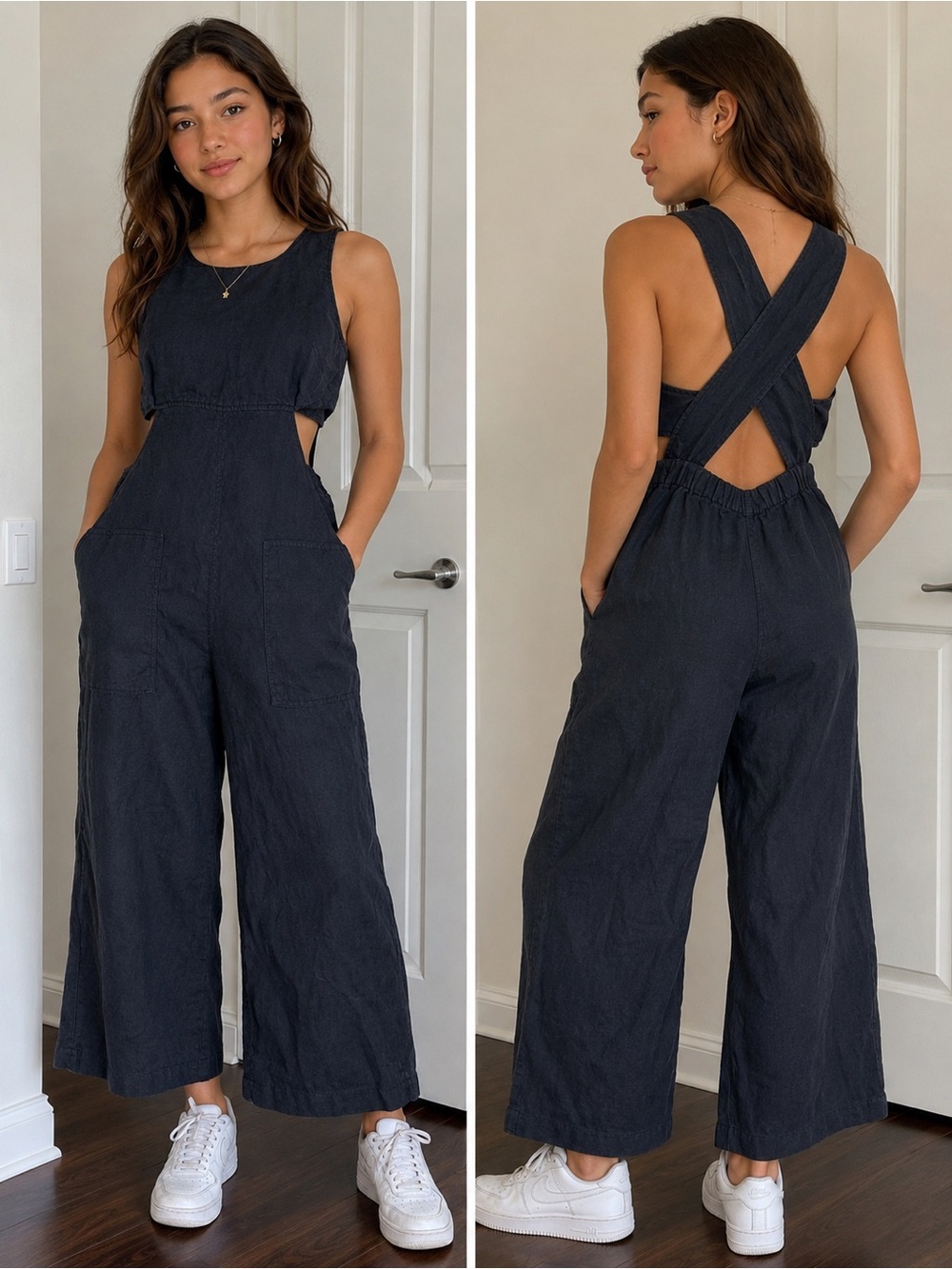 Zara Black Linen Blend Cut Out Wide Leg Jumpsuit w/ Pockets Size 13-14